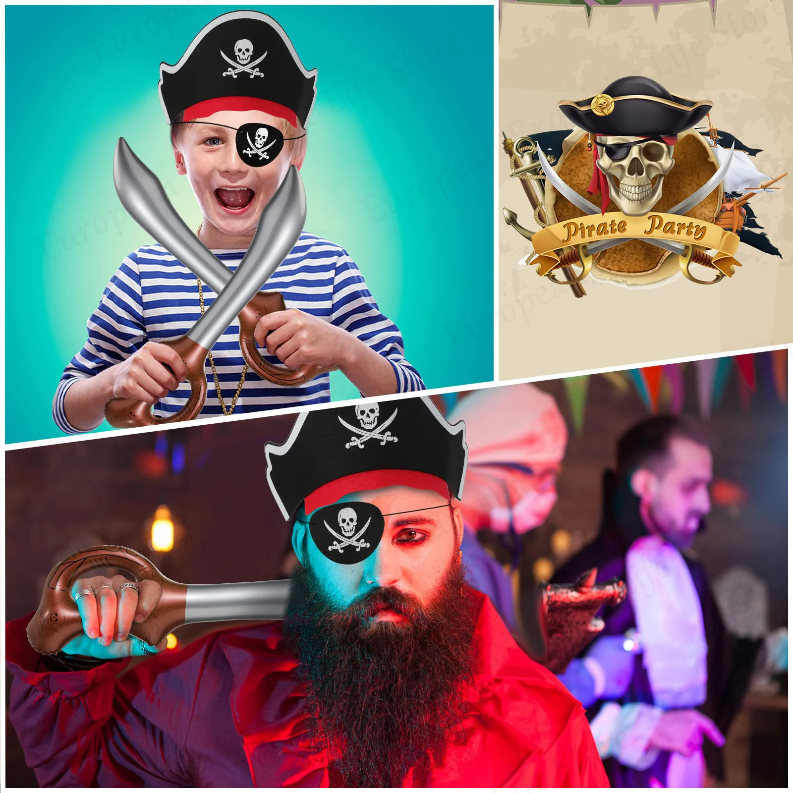 6-48Set Pirate Party Favors for Kids Birthday Gift Pirate Hat Inflatable Sword Eye Patches Decor Props Halloween Costume Cosplay