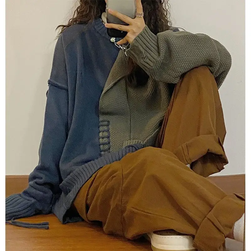 Lazy Style Sweaters Women Contrast Color Patchwork Hole Irregular Vintage Pullovers Autumn Winter Casual Loose Knitted Tops 2022