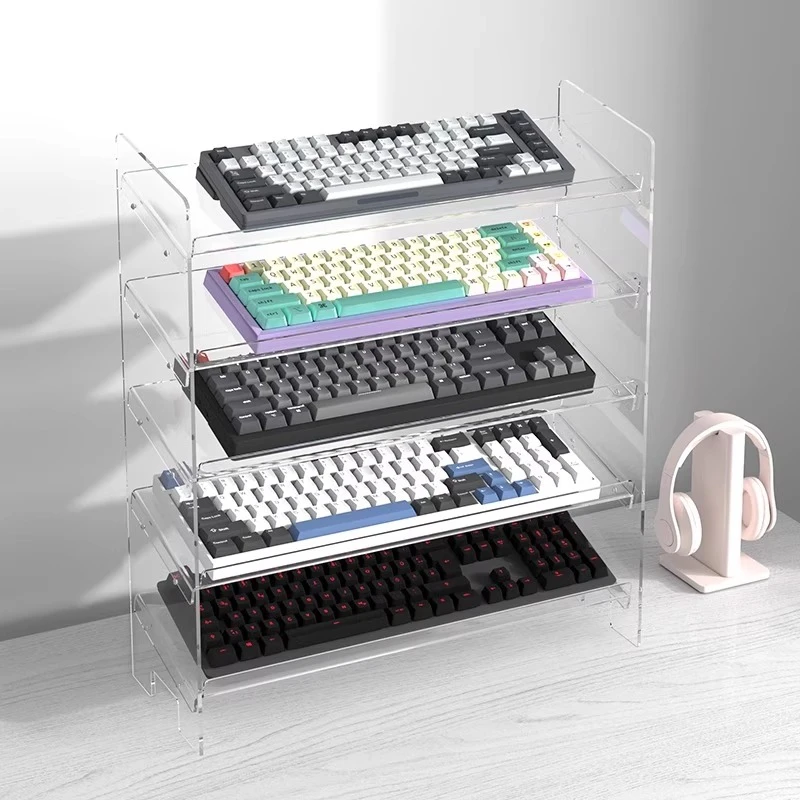 Acrylic Mechanical Keyboard Stand No-Adjust Display Rack, Heavy-Duty Tilted Organizer Transparent Storage Case for Gaming Setup