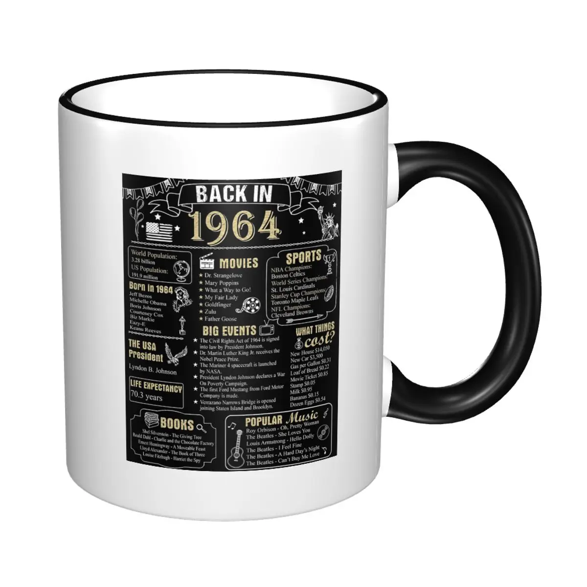 Mug en céramique amusant « Anniversaire 1964 : Histoire de 1964 » – Tasses à café, thé, lait – Cadeaux pour femme et homme