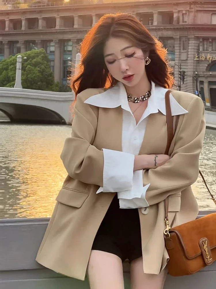 Faux Two-Piece Blazer for Women Female Office Lady Spring Autumn 2024 New Petite High-End Statement Casual Jacket High Quality