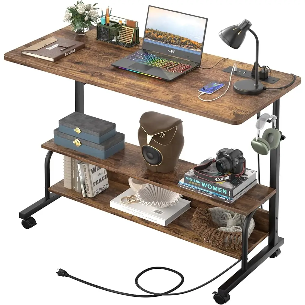 

39"" Height Adjustable Standing Desk With Power Outlets - Manual Rolling Stand Up Desk With Wheels Small Portable Computer Desk