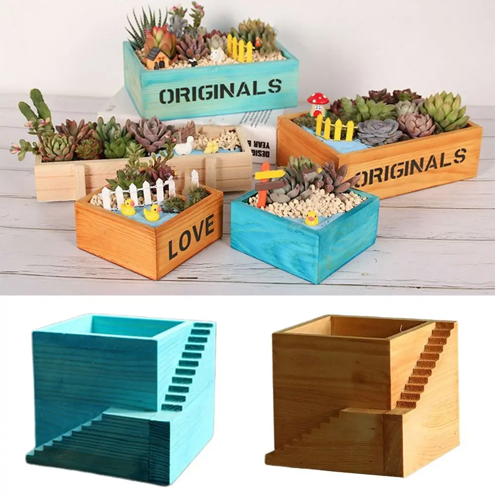 Multifunctional Succulent Flowerpot Yellow Blue Upstairs Storage Box Cuctus Planter Box Wood Desktop Sundries Organizer