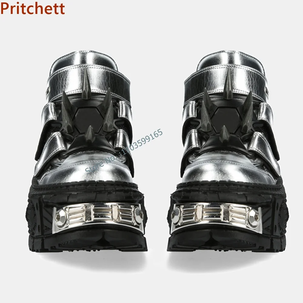 

Metal Decoration Spikes Thick Soled Pumps Round Toe Cross Lace Up Shoes Mixed Color Black Silvery Retro Punk Autumn Shoes