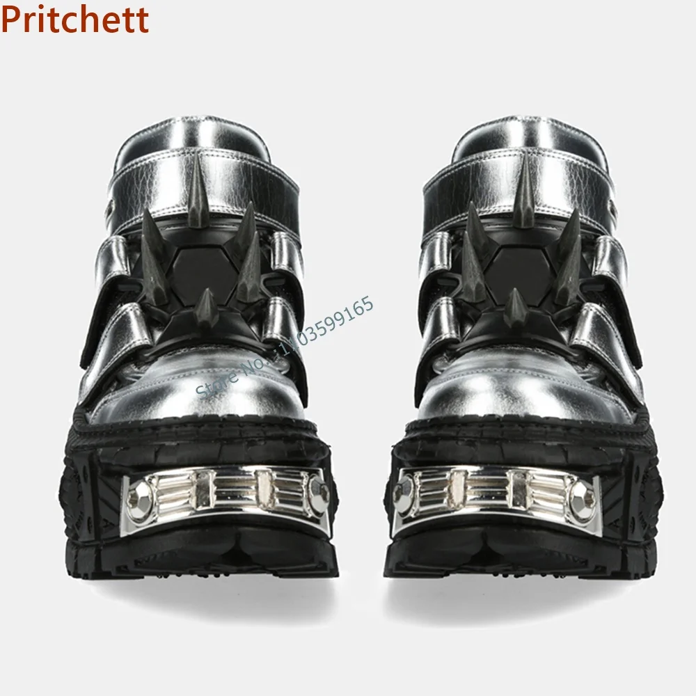 Metal Decoration Spikes Thick Soled Pumps Round Toe Cross Lace Up Shoes Mixed Color Black Silvery Retro Punk Autumn Shoes