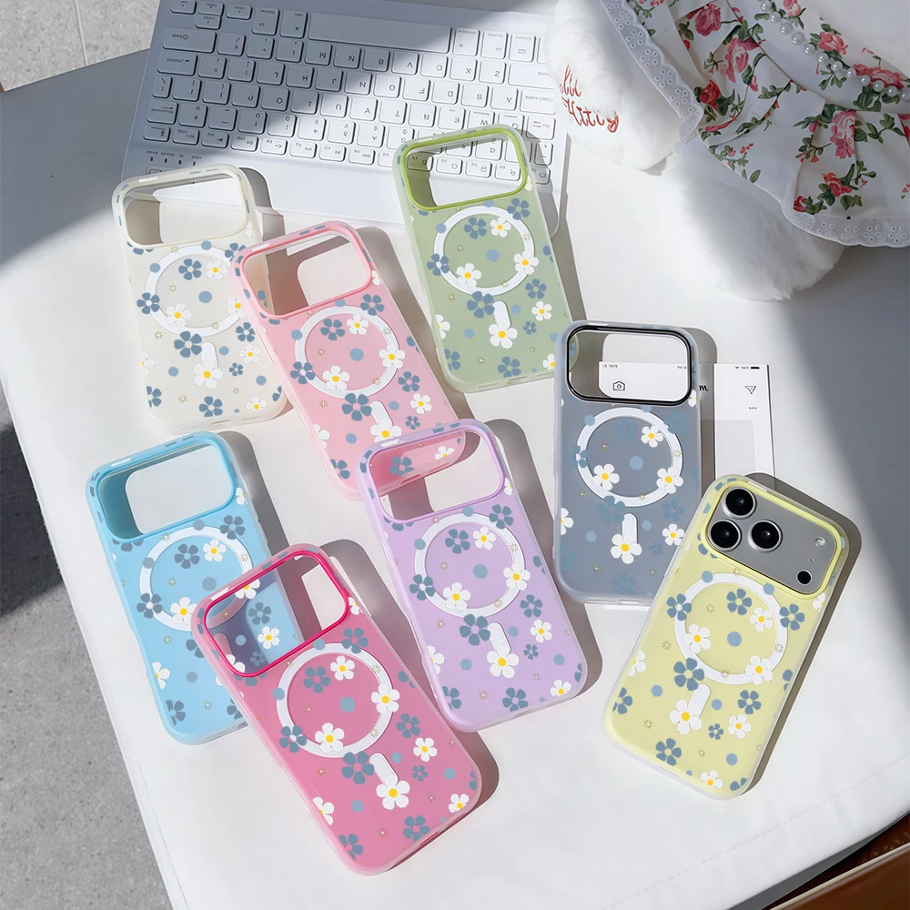 Marineblaue Blumenpunkt-Luxus-Schutzhülle in Bonbonfarben 2-in-1 Magsafe-Hülle für iPhone 16 15 14 13 17 Pro Max Plus Transparente Matte Weiche Abdeckung