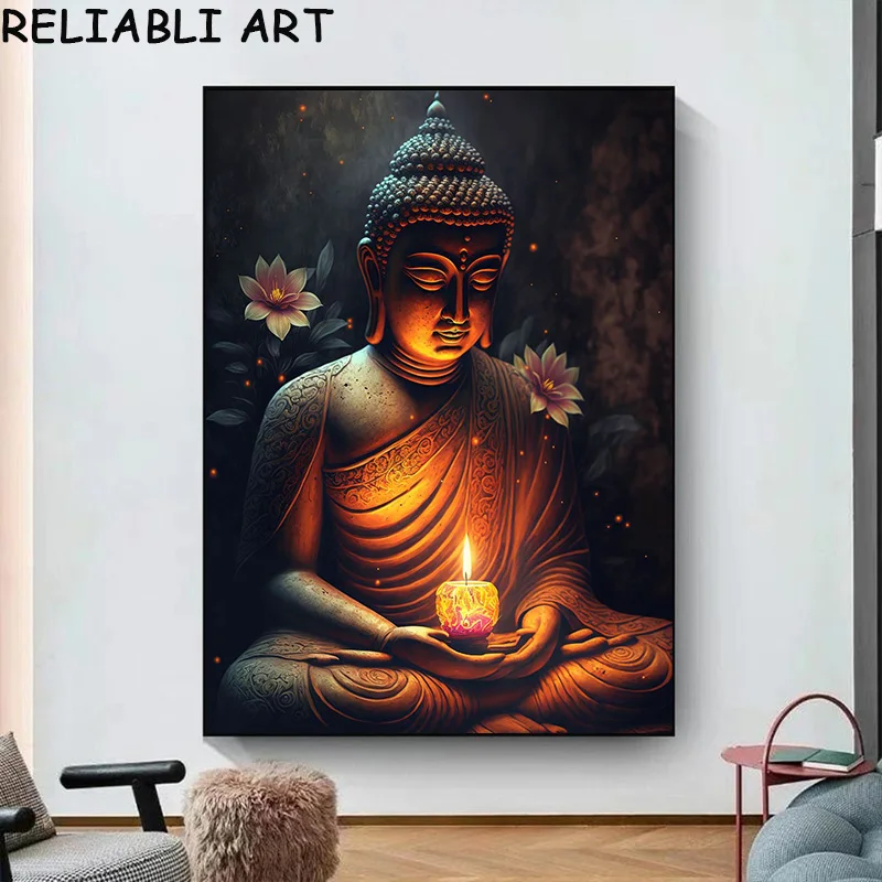 Abstract Lotus Flower Buddha Portrait Poster and Prints, Canvas Painting, Wall Art Pictures for Living Room Home Decor No Frame