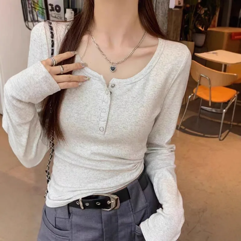 Retro Freizeit Langarm Damen T-Shirt Einfarbig Slim Fit Kurzer Stil Frühling Herbst Neuerscheinung Bequeme Basis-Schicht Oberteil