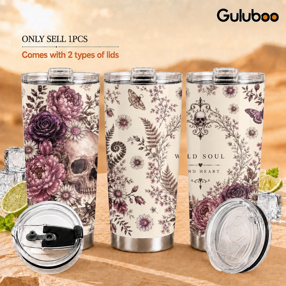 Skeleton Floral Designs Vacuum Flasks 20oz Stainless Steel Travel Mug with 2 Lids & Reusable Straw Vacuum Insulated Coffee Cup