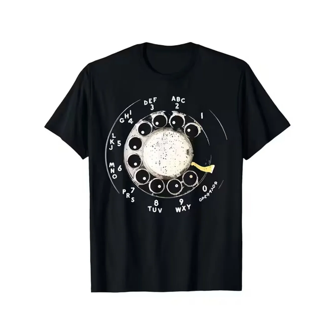 Camiseta con diseño de teléfono rotatorio vintage, diseño nostálgico de los años 60 y 70 con un dial rotatorio blanco y botones numéricos, 100% cómoda, manga corta, cuello redondo, top negro, ropa informal unisex y temática nostálgica