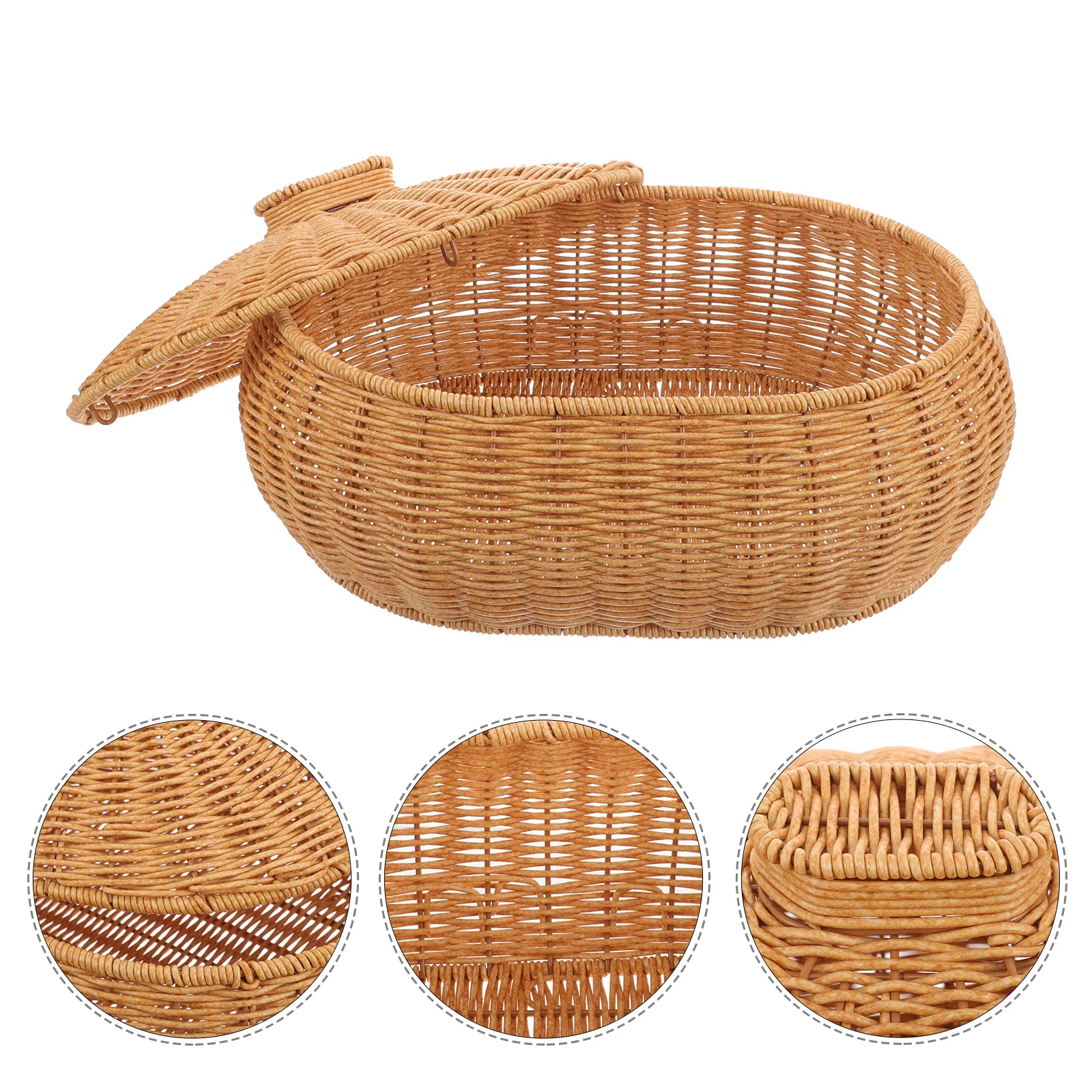 

Rustic Woven Storage Basket With Lid Multi-Functional Bread Fruit Egg Organizer Kitchen Bathroom Living Room Decorative Box