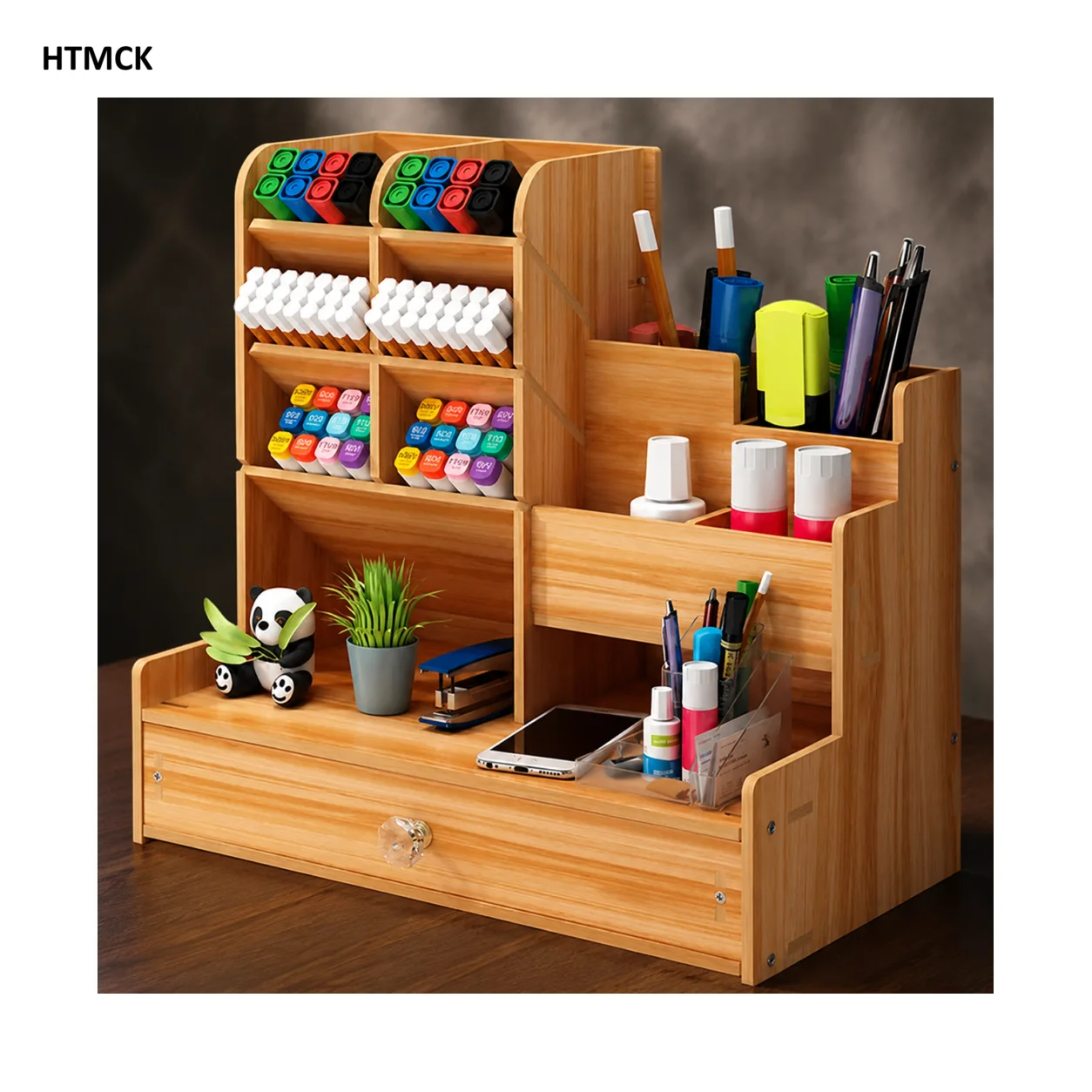 HTMCK DIY Wooden Desk Organizer Large Capacity Pen Holder Stationery Storage Box with Drawer for Home Office School Desktop Tidy