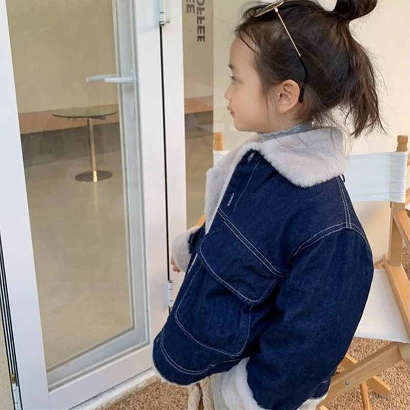 الخريف الشتاء الفتيات الدنيم سترة الدفء معطف لون نقي التلبيب القمم موضة جديدة 7 إلى 12 سنة ملابس الأطفال مريحة #3