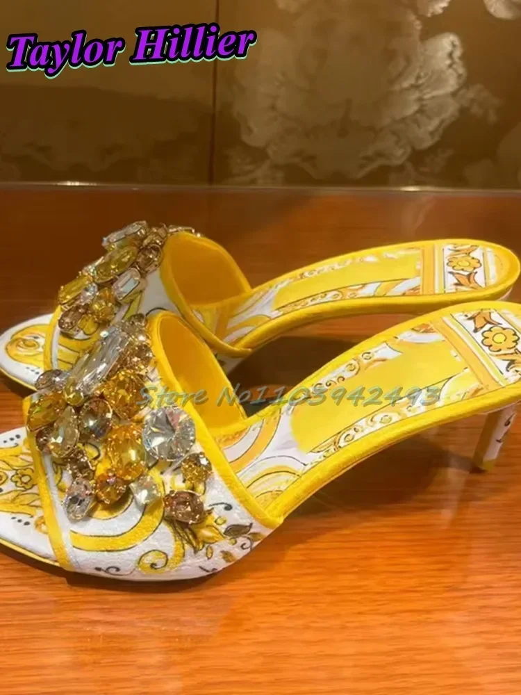 

Golden Gem Prints Slippers Open Toe Women Rhinestones Heels Slip On Comfortable Bohemia Travel Slides Vacation Outwear Shoes