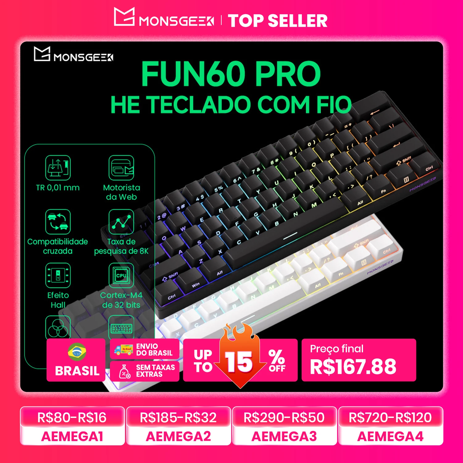 Akko monsGeek fun60 pro he teclado magnético 60% esports teclado para jogos gatilho rápido 0.01mm 8k teclado personalizado com fio para gamer