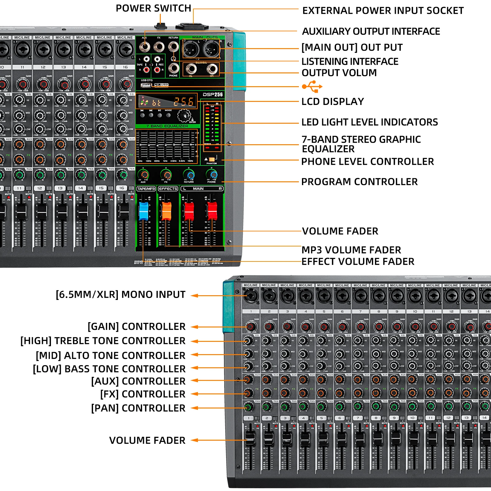 Digital Audio Mixer Interface 16 Channels Audio Mixer Console For Stage Dj Show