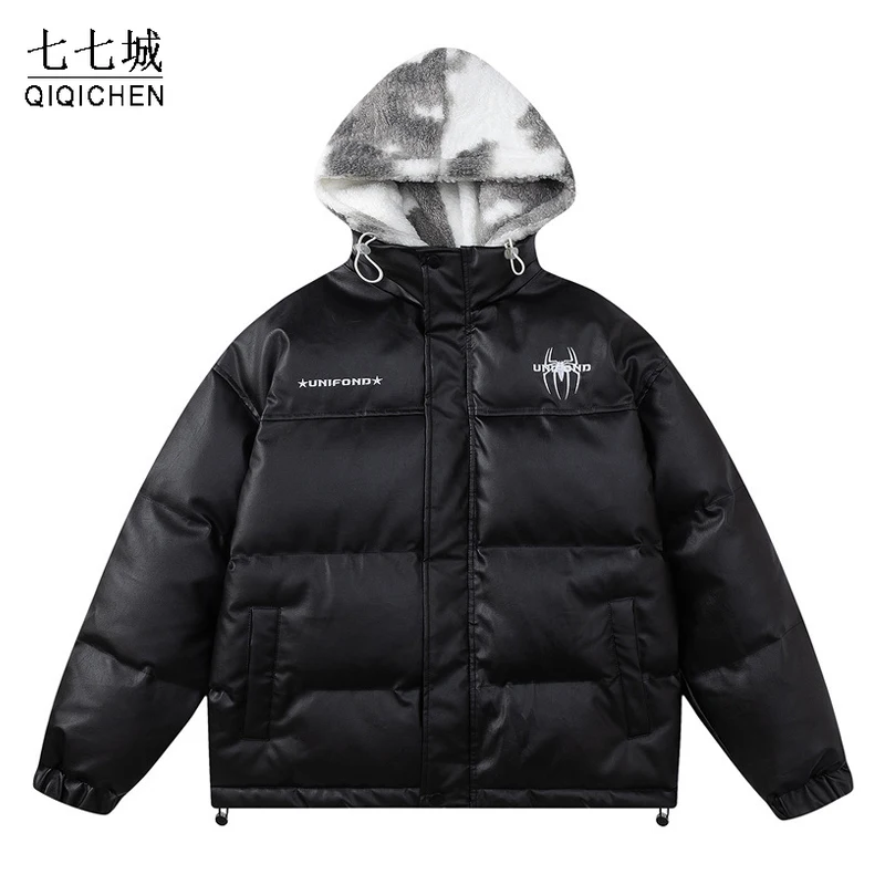 Mens Winter Leather Parkas Women Spider Embroidery Fleece Hooded Thick Jacket Vintage Casual Oversize Waterproof Coat Streetwear