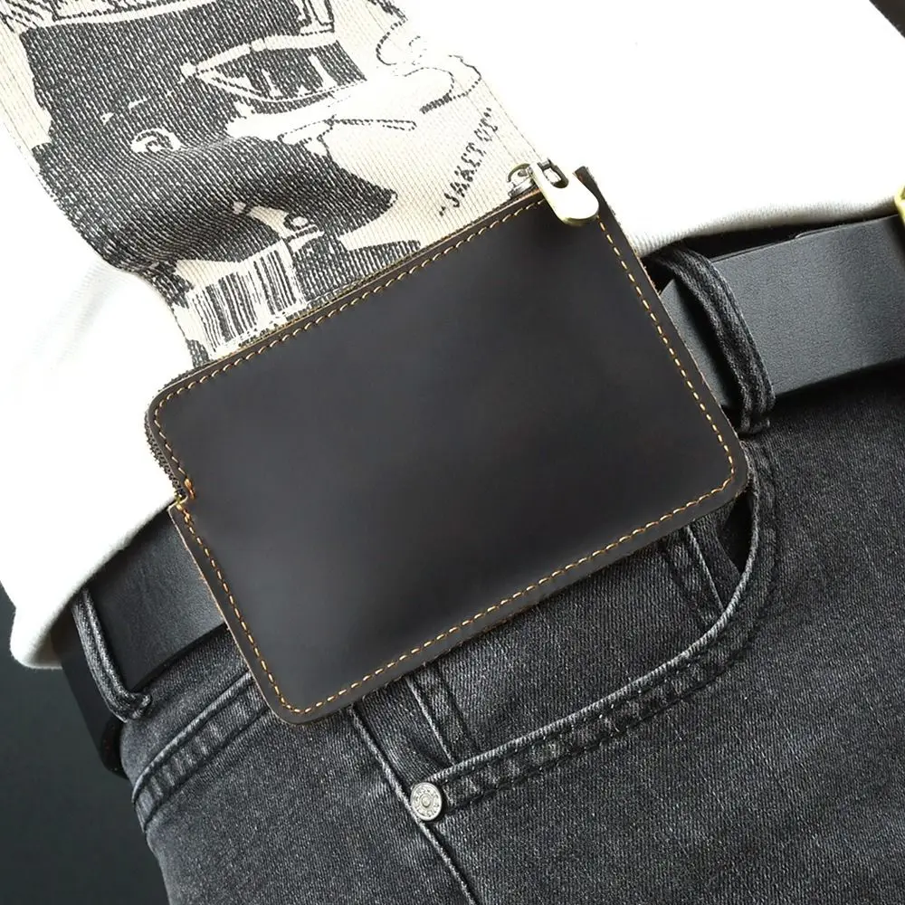 

Genuine Leather Men's Short Wallet Ultrathin with Belt Loop Belt Hanging Money Pouch Retro Multi Purpose Zipper Coin Purse
