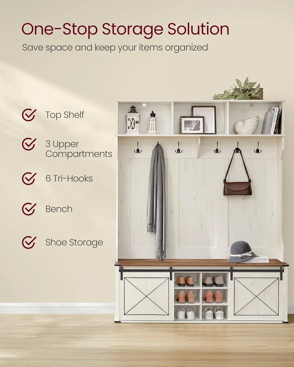 شجرة القاعة مع مقعد، تخزين الأحذية، 6 خطافات ثلاثية، باب منزلق، نمط المزرعة، أبيض ريفي وبني عسلي UHSR443W01