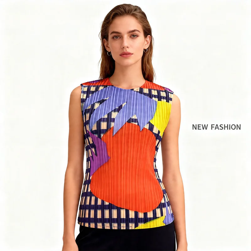 

Плиссированный жилет без рукавов Miyake, женский, весенне-летний, новый, с контрастным геометрическим принтом, свободный, повседневный, модный топ с круглым вырезом