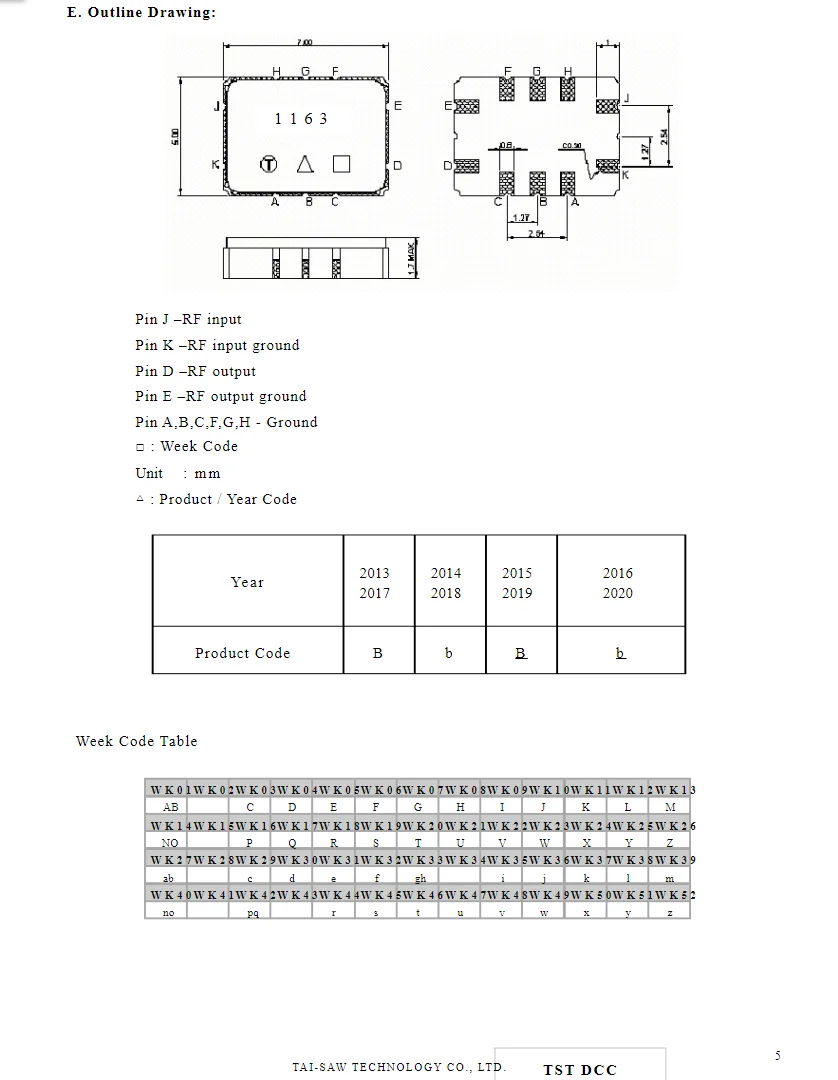 BW pacotes SMD SAW filtro, novo, genuíno, BW, 1163, TB1163A, 140MHz, 13MHz, 5pcs