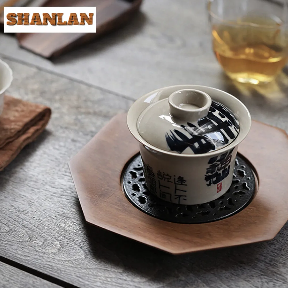 130ML Vintage Handwritten Little Immortal Gaiwan Retro Grass Wood Gray Tea Tureen Household Tea Making Cover Bowl Teaware Craft