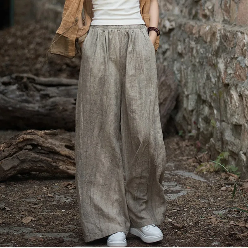

High Quality Cotton Linen Wide Leg Pants Women New Arrival 2024 Autumn Vintage Style Tie Dye Loose Female Casual Trousers M360