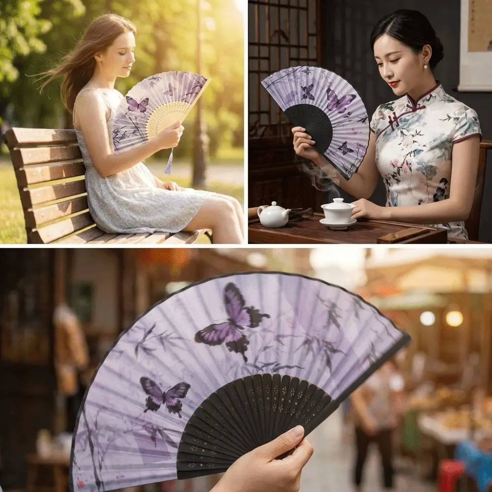 Chinese Style Silk Folding Fan Butterfly Pattern Handmade Retro Bamboo Fan Cooling with Tassel Decorative Fan Gift Giving