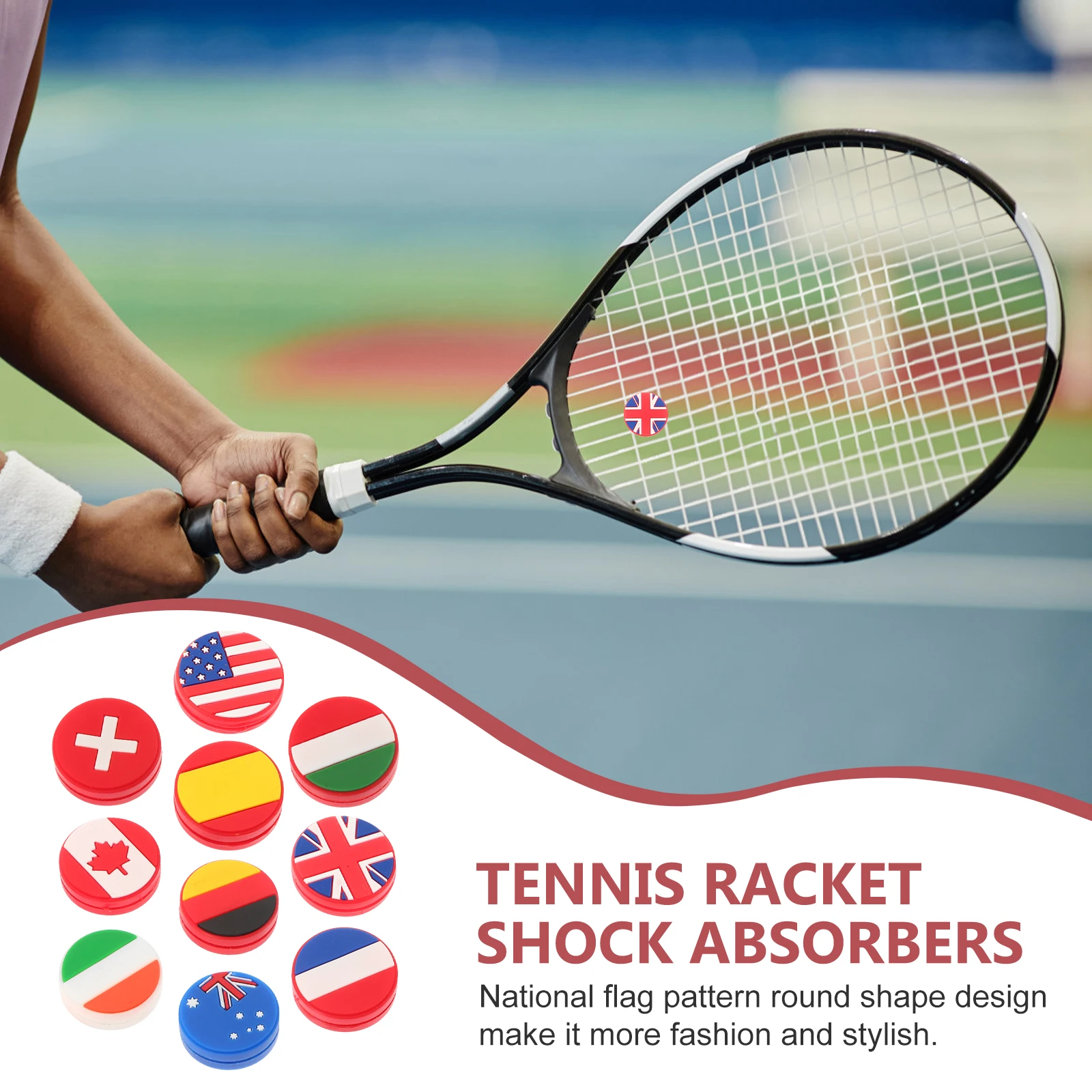 

10Pcs Tennis Racquet Dampeners Silicone Round Flag Pattern Reduce Vibration Improve Comfort Absorbers Suitable for Players