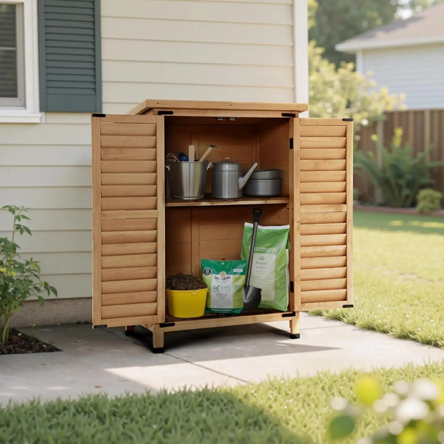 Outdoor Yard Patio Lawn Storage, Wood, Yellow, with Removable Shelf and 2 Doors