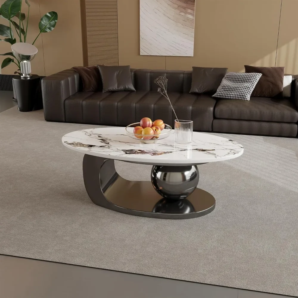 Modern Oval Coffee Table for Living Room, 51.2" Sintered Stone Coffee Tabletop with Black Stainless Steel Base