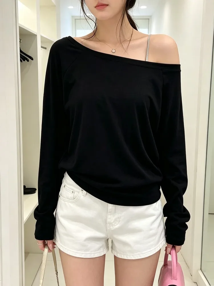 Womens Casual Off Shoulder Long Sleeve T Shirt Soft Stretchy Fabric Loose Fit Slant Neck Daily Basic All Match Blouse