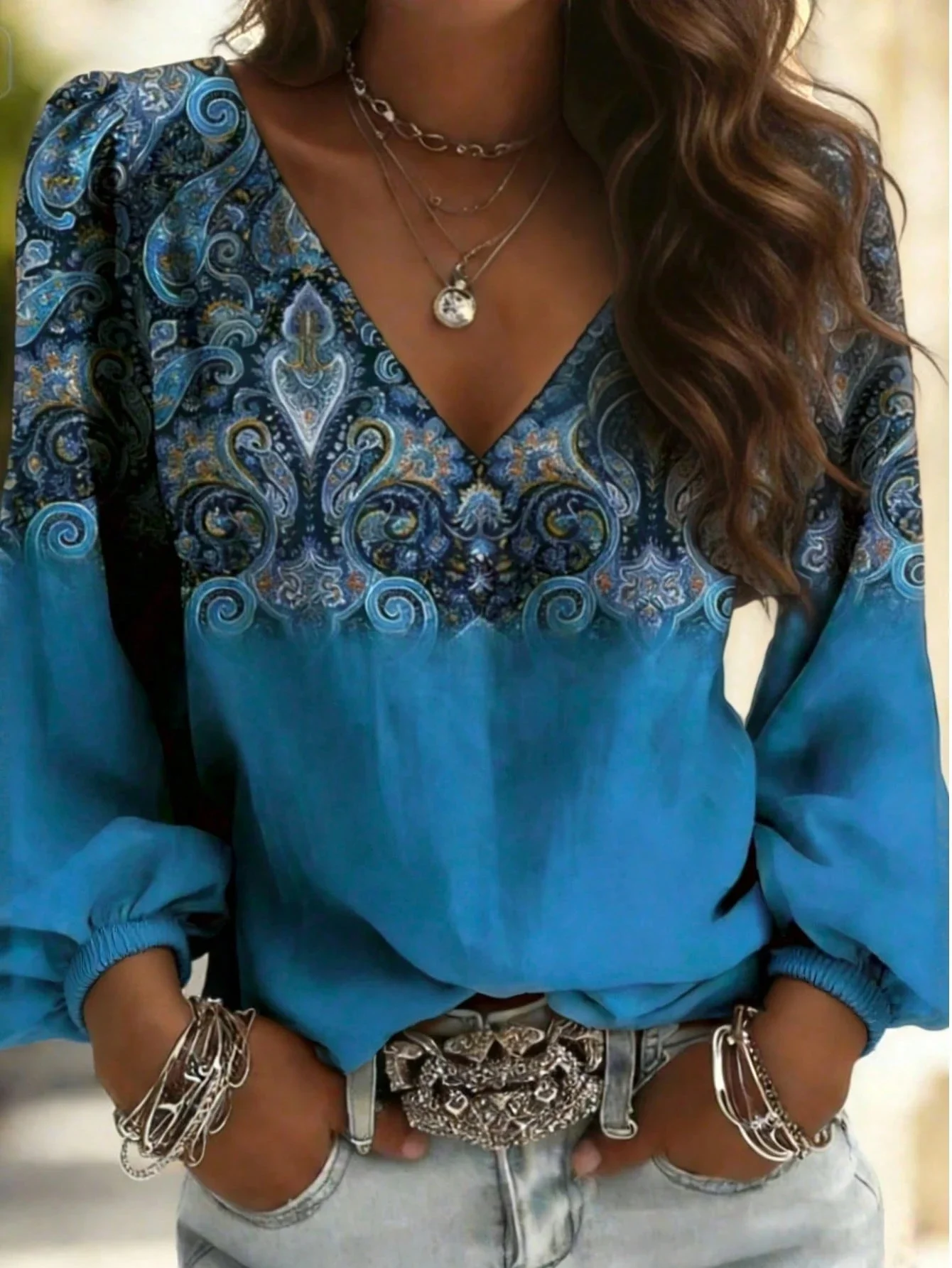 

Women's Paisley Print V-Neck Loose Long Sleeve Blouse Casual Bohemian Top