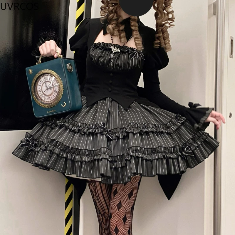 Vintage Gothic Lolita Dress Sets Women Halloween Duke Cosplay Costumes Harajuku Y2k Party Mini Dresses Punk Dark Stripe Dresses