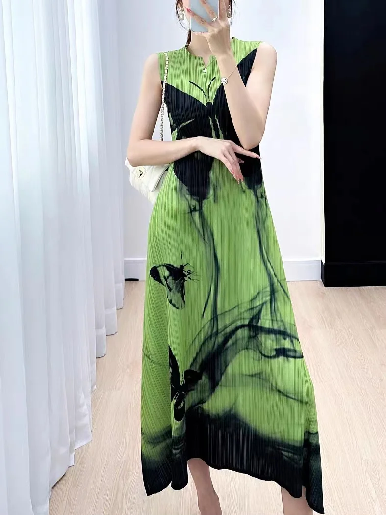 Dress Women's Summer New High end Pleated Butterfly Print Foreigner Style Reduced Age Slim Sleeveless Dress