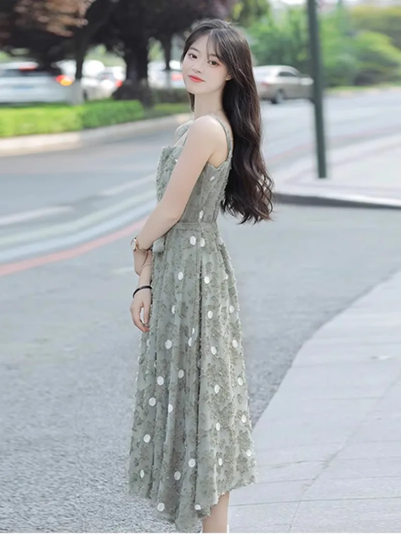 Robe d'été coréenne en mousseline de soie, coupe cintrée, motif Floral, sans manches, mi-longue, Style français, robe de cérémonie élégante, 2025