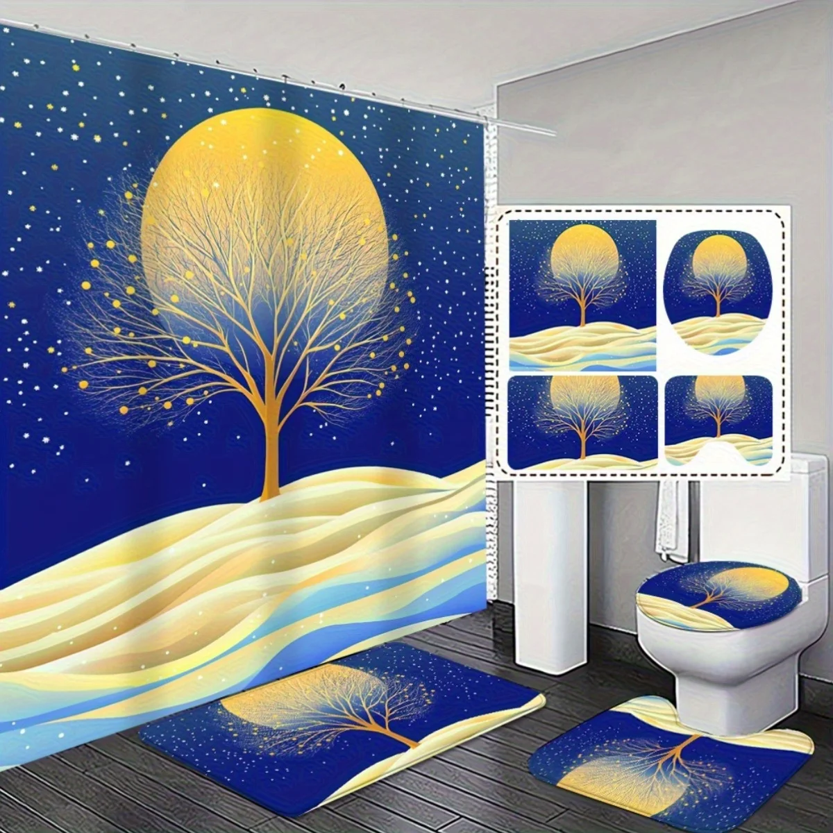 

4pcs Fashionable and simple Customized Shower Curtain and Non-Slip Bath Mat Set - Elegant Tree Design for Modern Bathroom