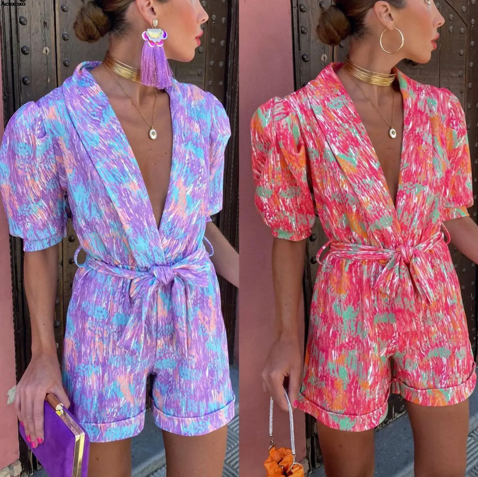 

2023 Summer women's fashion casual deep V-neck puffy sleeve shirt printed belt elastic jumpsuit