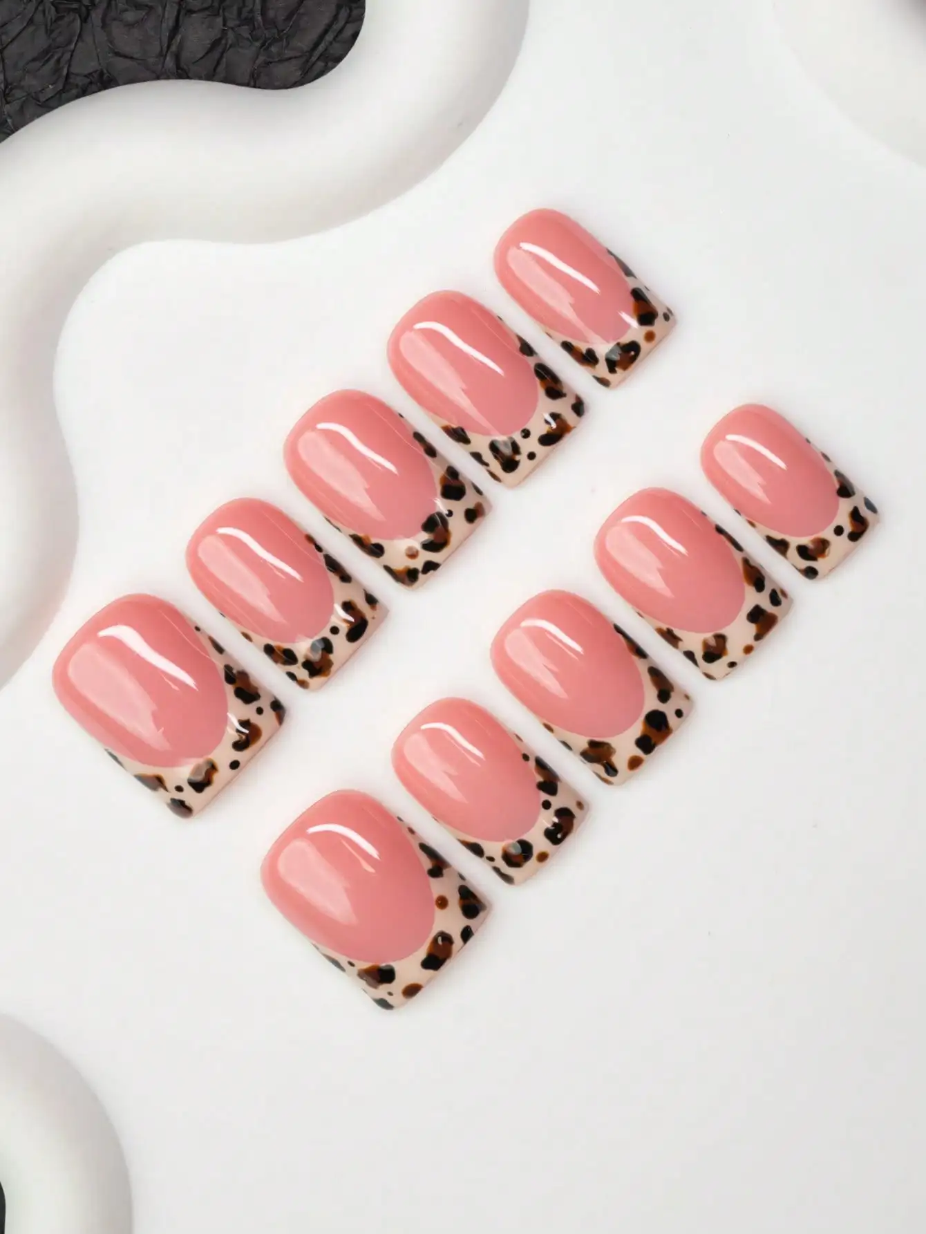 

10pcs Square Shaped Handmade Nail Tips, Y2K Baddie Style, Nude & Brown Color With French Tips And Leopard Print Design, Suitable