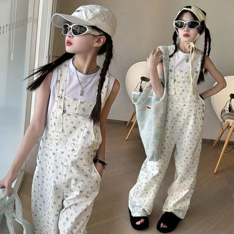 Girls Spring 2024 Cute Off White Fashionable Fragmented Flower Strap Pants American Loose Wide Leg Straight leg Pants