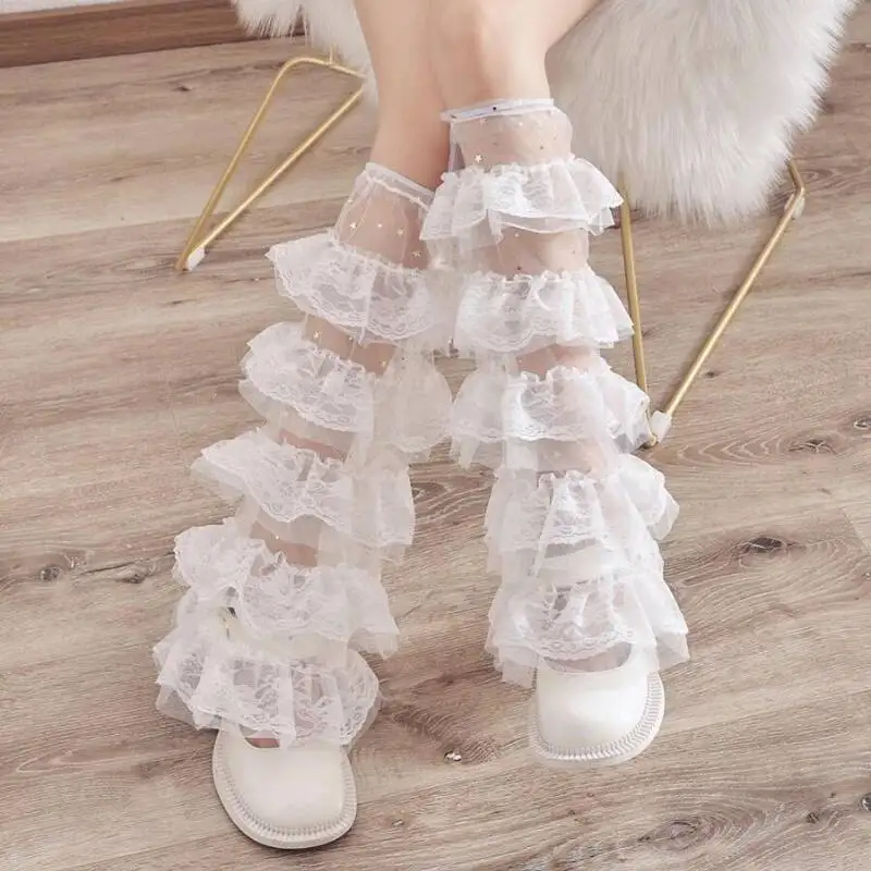 

BabYoung Sweet Cool Mesh Lace Patchwork Hosiery 2025 Summer Thin White Women's Socks Y2k Grunge Sequin Leg Warmers Female