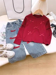 Spring Girls Long Sleeve Sets Summer New Children Butterfly Knot Clothing Suit Kids Red Detachable Sleeve Tops+Jeans 2Pcs 3-10Y