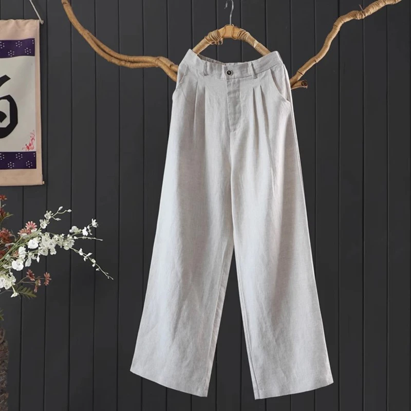 

100% Linen High Waist Straight Pants Women New Arrival 2025 Summer Vintage Style Solid Color Loose Female Casual Trousers M1738