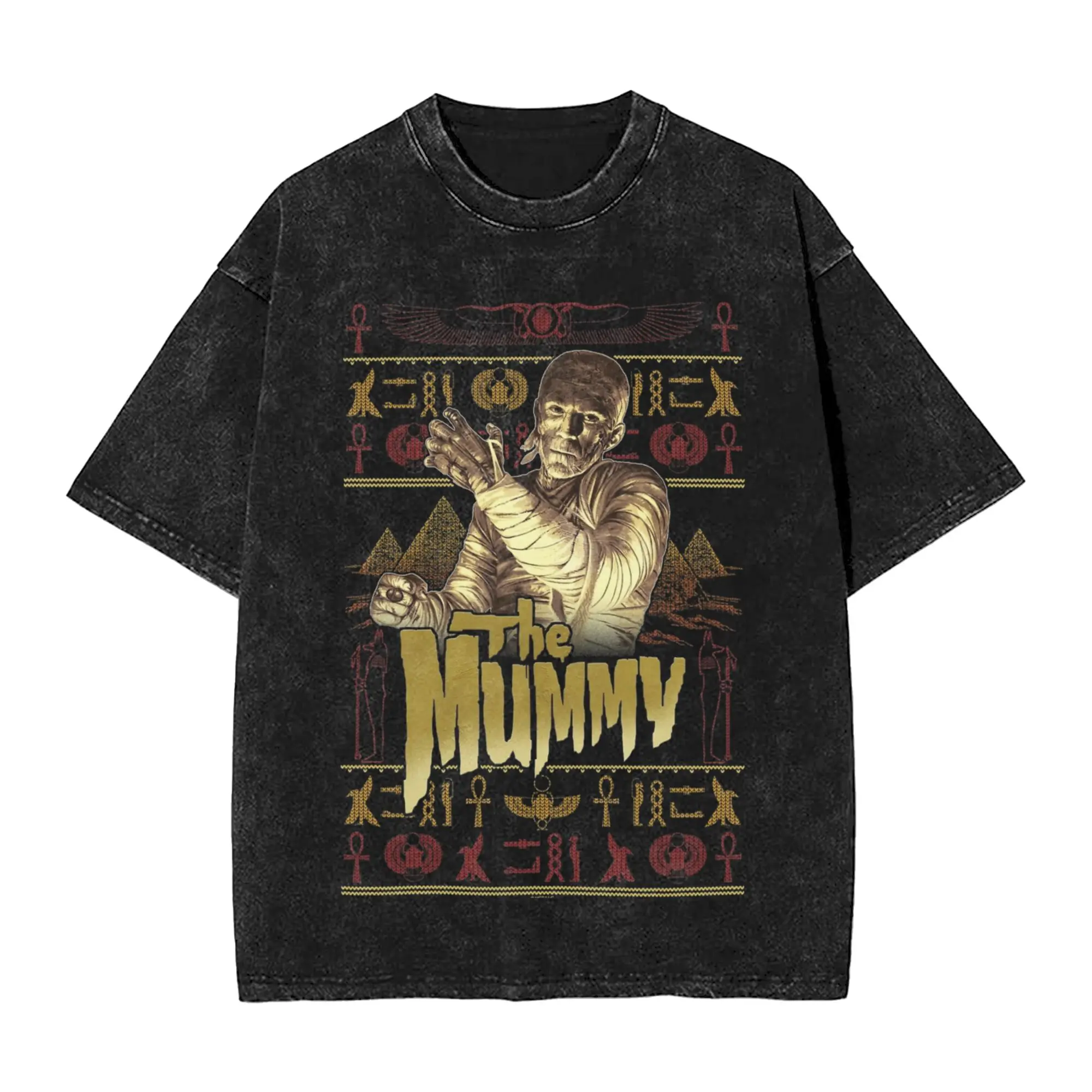 Universal Monsters Christmas The Mummy Ugly Sweater  Washed T-Shirt Men's Round Neck Short Sleeve Clothing  Cotton Summer Tops