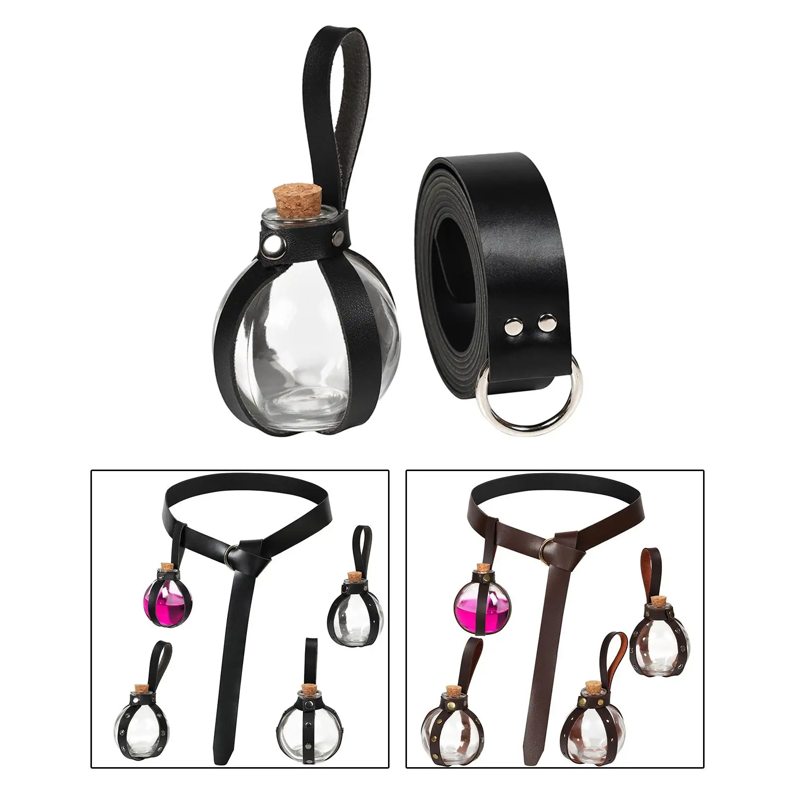 Viking Belt with Potion Bottle PU Leather Medieval Costume Accessory for Cosplay Halloween Renaissance Party Retro Gift