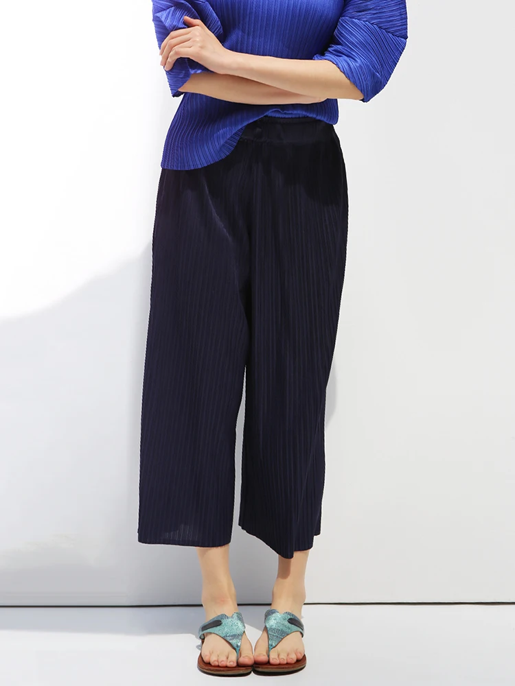 GVUW Pleated Wide Leg Pants Women Elastic Waist Loose Pockets New 2024 Fashion Female Casual Solid Color Trousers 17G8014