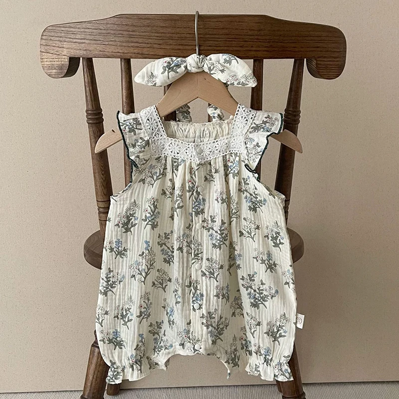 Newborn Baby Girls Bodysuits+Hair band Sleeveless Cotton Lace Flower Romper Baby Girl Clothing Summer Infant Baby Girls Jumpsuit