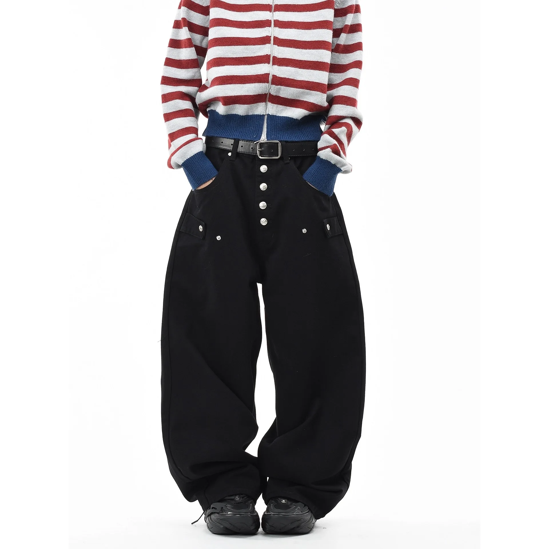 Casual Pants Metallic Buckle Design Sense Straight-leg Versatile Couple Trousers Spring Autumn Man Woman Fashionable
