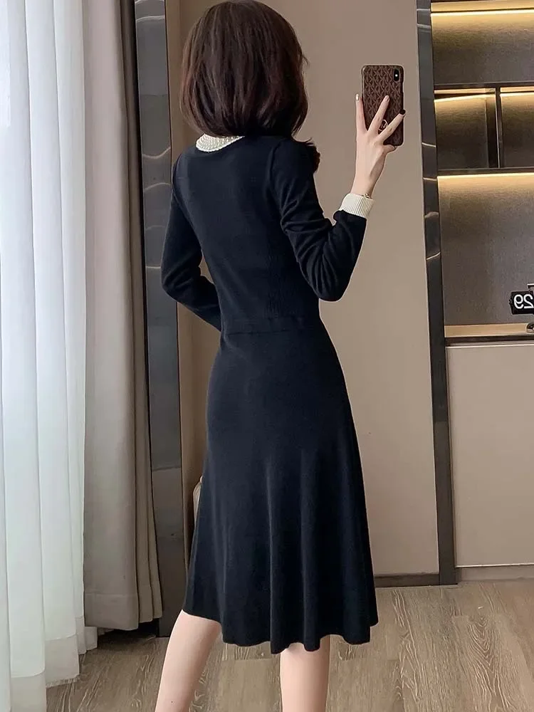 Abito da donna con diamanti di lusso Vintage coreano autunno inverno abito maglione lavorato a maglia nero 2024 elegante abito da ballo aderente Hepburn