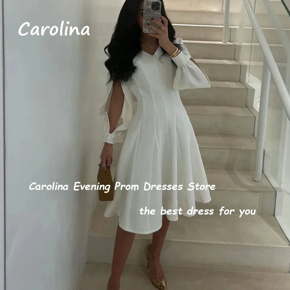 Carolina Ivory V-Neck A-LINE Evening Dress Saudi Arabia 2024 Slim Crepe Cut-out Long Sleeve Knee-Length Prom Dress